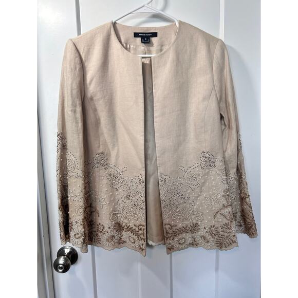 Ellen Tracy Women's 100% Linen Beaded Open Front Blazer Jacket Ivory Size 8 - Picture 1 of 13